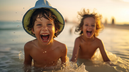 Two cheerful little kids having fun at the beach