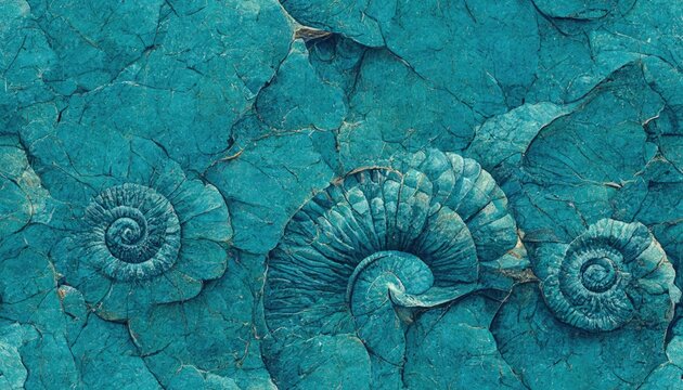 Seamless texture of elaborate and unique calcified blue ammonite sea shell spirals embedded into rock. Prehistoric fossilized detailed rough grunge surface patterns - generative AI