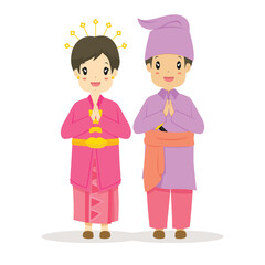 Happy couple wearing Riau traditional dress with greeting, welcome hand gesture. Indonesia traditional dress cartoon vector.