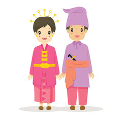 Happy couple wearing Riau traditional dress. Indonesia traditional dress cartoon vector.