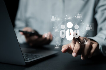 CRM Customer Relationship Management concept, Businessman with global customer network management technology and customer information exchange development, social media, online digital marketing.