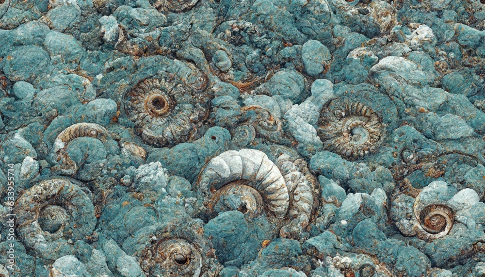 Wall mural seamless texture of elaborate and unique calcified blue ammonite sea shell spirals embedded into roc