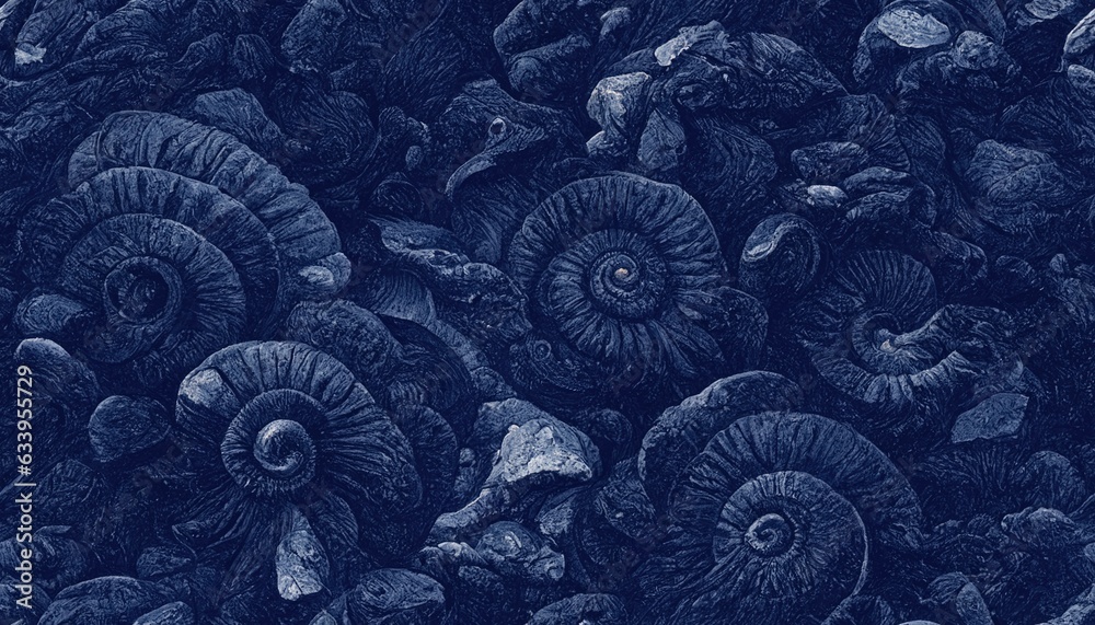 Sticker Seamless texture of elaborate and unique calcified blue ammonite sea shell spirals embedded into rock. Prehistoric fossilized detailed rough grunge surface patterns - generative AI