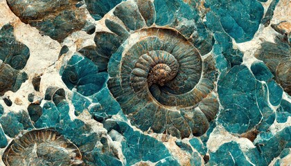 Seamless texture of elaborate and unique calcified blue ammonite sea shell spirals embedded into rock. Prehistoric fossilized detailed rough grunge surface patterns - generative AI
