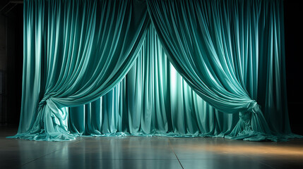 Blue theater curtain with spotlights, 3d render illustration, horizontal, soft blue curtain