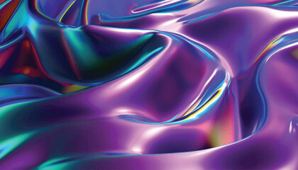 3d render, abstract background, iridescent holographic foil, metallic texture, ultraviolet wavy wallpaper, fluid ripples, liquid metal surface, aura spectrum, bright hue colors vector illustion
