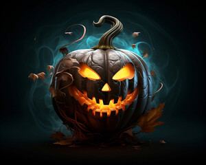 Spooky Halloween pumpkin head jack lantern on dark background.