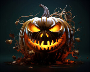 Spooky Halloween pumpkin head jack lantern on dark background.