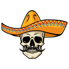 Mexican Skull Sombrero Día de Los Muertos Cartoon Vector Drawing Illustration