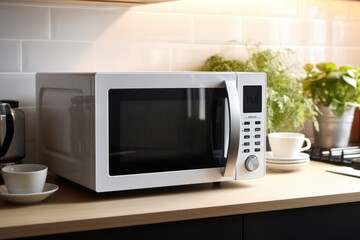 Modern white and black microwave in house kitchen - obrazy, fototapety, plakaty