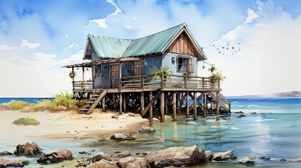 Beach shack watercolour painting - obrazy, fototapety, plakaty