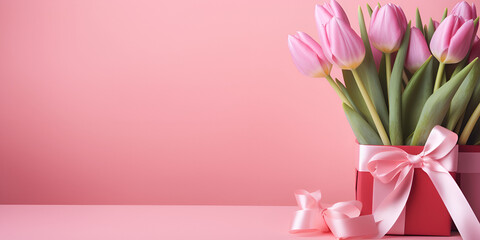 Composition red and pink tulips with gift box . Tulips flowers on pastel pink background. Valentine's Day, Easter,  Elegant Red and Pink Tulips on Pastel Background