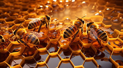 Beehive Architecture: An up-close look at the hexagonal pattern of honeycomb, a marvel of nature's engineering, brimming with honey and bustling bees 