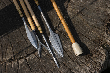 Fototapeta premium Selection of arows with different metal blades from the viking era.