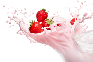 Milk or yogurt splash with strawberries isolated on white background, 3d rendering isolated PNG
