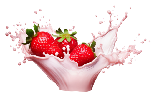 Milk or yogurt splash with strawberries isolated on white background, 3d rendering isolated PNG