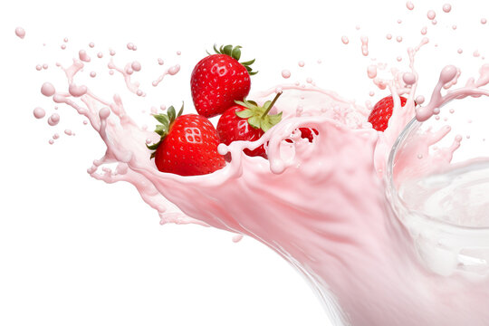 Milk or yogurt splash with strawberries isolated on white background, 3d rendering isolated PNG
