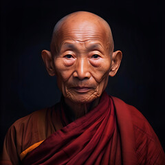 Fototapeta premium Portrait of a Buddhist old man on a black background.