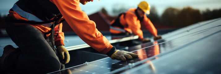 Solar panels installation. Construction workers with safety hardhat working on roof  - obrazy, fototapety, plakaty