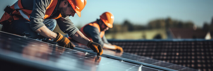 Solar panels installation. Construction workers with safety hardhat working on roof 