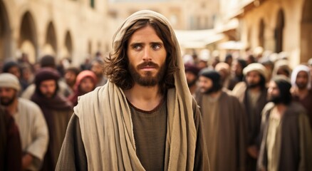 Jesus walking the streets of Jerusalem - obrazy, fototapety, plakaty