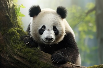 Obraz na płótnie Canvas Giant panda, Ailuropoda melanoleuca, clutching on to a tree. Generative ai