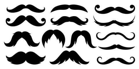 Set of moustache. Vintage logo moustaches silhouette, black mustaches. Retro gentleman moustaches. 