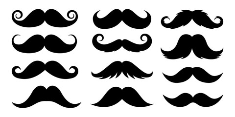 Set of moustache. Vintage logo moustaches silhouette, black mustaches. Retro gentleman moustaches. 