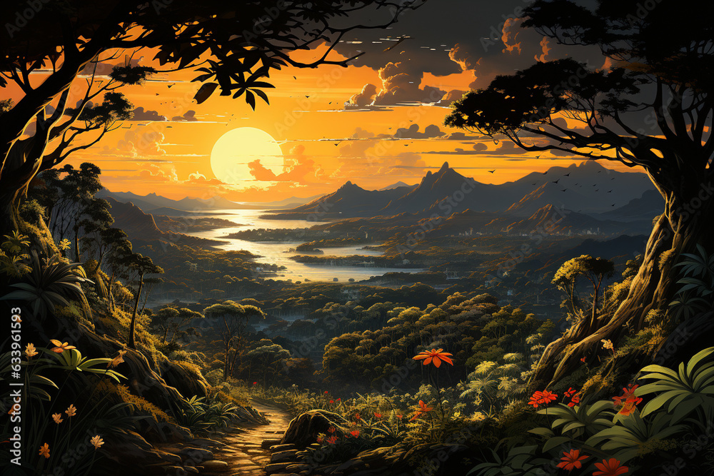 Aufkleber an artistic representation of sugar cane fields stretching towards the horizon under a golden sunset