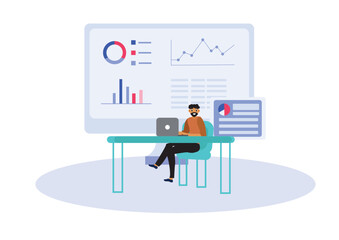 Flat illustration of back view of businessmen business woman, studying, business issues, data analysis, company
studying on business issues and showing graph chart model of data analysis.
