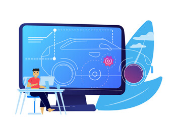 Vector illustration of automobile engineer showing blueprint of modern car on computer. Automotive mechanic concept.
