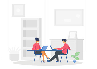 Flat illustration of office workers in the workplace. Young man and woman are sitting at the desk in the office room.
