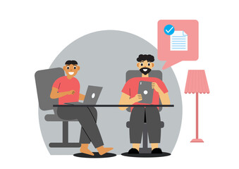 Flat illustration of office employees. Boy working on laptop, other guy sending file to other through the tablet.
