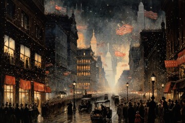 People walking in London street at Christmas time. a jubilant throng and New Years Eve fireworks, AI Generated