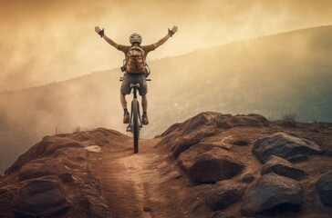 Fototapeta na wymiar Man celebrates after riding and reaching the top of mountain on his bicycle