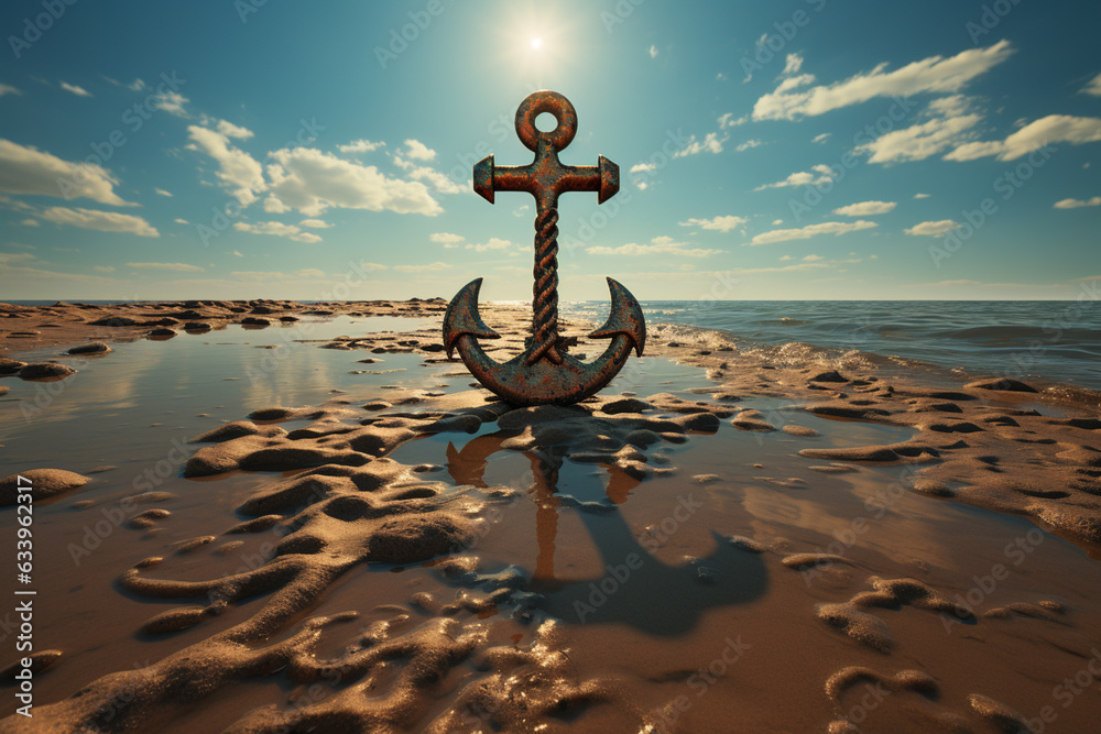 Poster an anchor resting on a sun-soaked beach, casting a long shadow as the waves gently caress the shore.