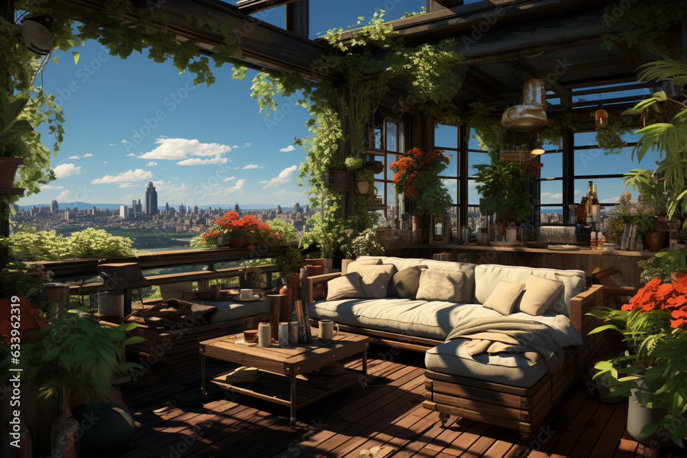 Poster an artistic portrayal of a rooftop deck adorned with comfortable seating and lush plants, creating a