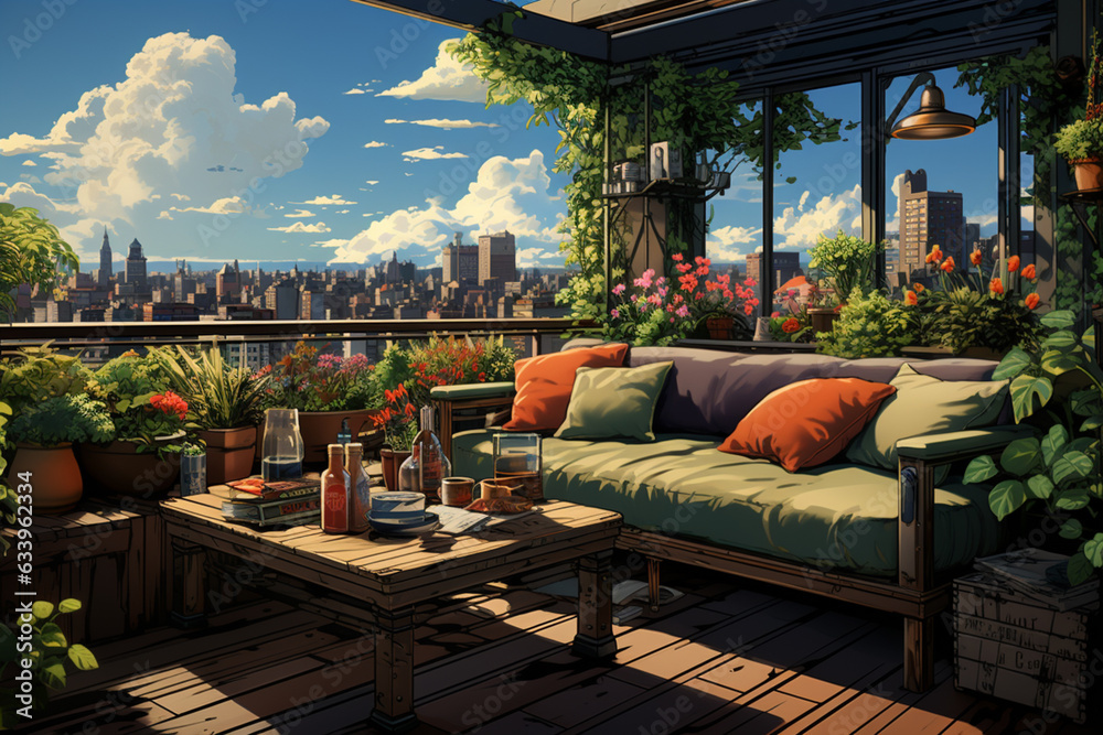 Poster an artistic portrayal of a rooftop deck adorned with comfortable seating and lush plants, creating a