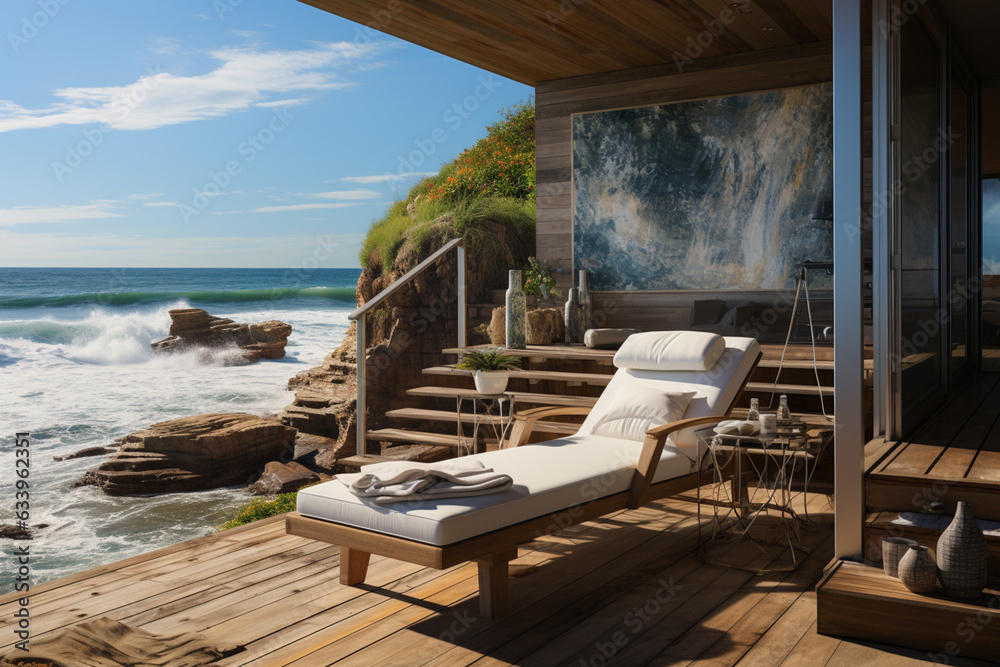Aufkleber a photograph of a deck extending over the sandy shore, inviting visitors to enjoy the coastal views 