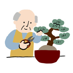 盆栽の手入れをする老人