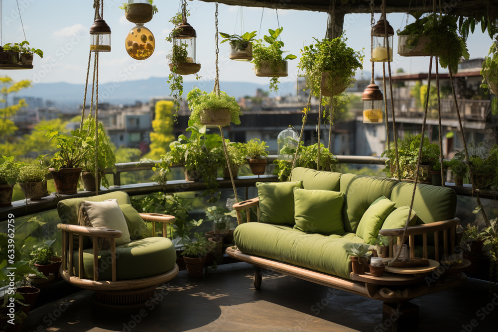 Poster a portrayal of a hanging garden on a balcony, transforming a small space into a lush oasis of relaxa