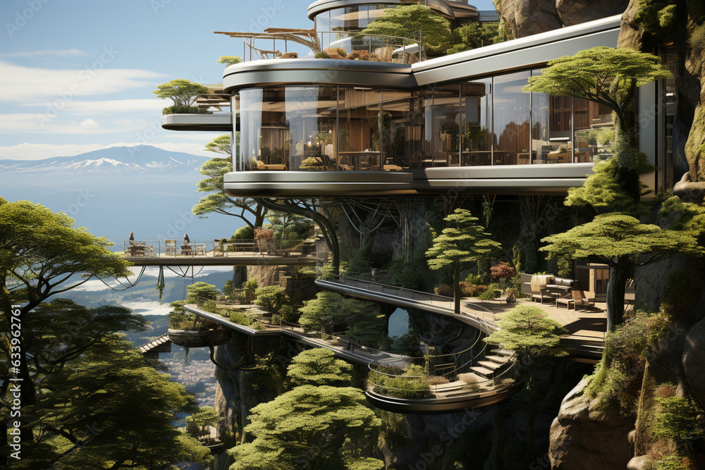 Poster an image of a hanging garden perched on a cliffside, offering breathtaking panoramic views of the su