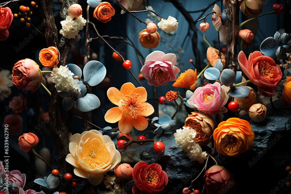 Poster A snapshot of a diverse array of plants and flowers in a hanging garden, showcasing a vibrant tapestry of colors and textures.  Generative AI technology.