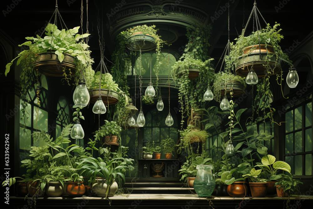 Poster a photograph capturing a multilevel hanging garden with various plants, flowers, and vines creating 