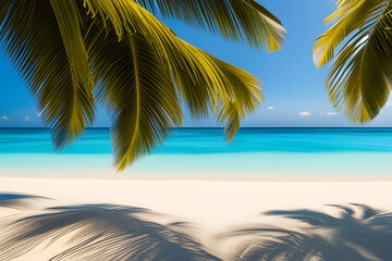 Fototapeta na wymiar White sand beautiful beach and blue transparent ocean. Azure sea and palm trees.