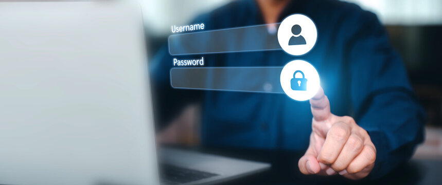 Businessman hand touch screen login username and password identity or sign up register concepts of cyber security, internet access, join social or personal data protection or forget pass key unlock.