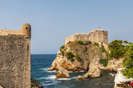 Dubrovnik, Croatia 07-29-2023 The UNCESO world heritage old town of Dubrovnik with fortified walls with spectacular views from the walls over the old town, the narrow streets and the Adriatic sea.