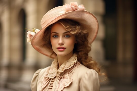 Beautiful Turn Of The Century Lady In Beige Victorian Style Dress