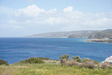 Fototapeta na wymiar Turquoise colored bay of Mediterranean sea, Rhodes island, Greece