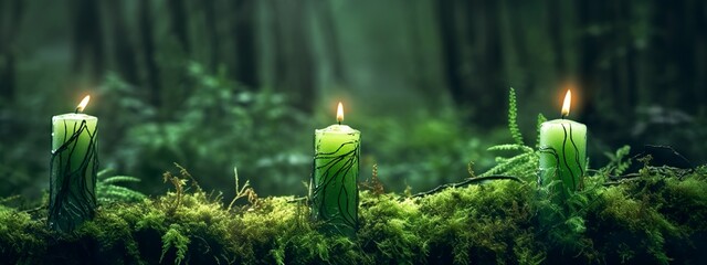 Burning candles on moss, dark green blurred the natural background. Magic candle. 